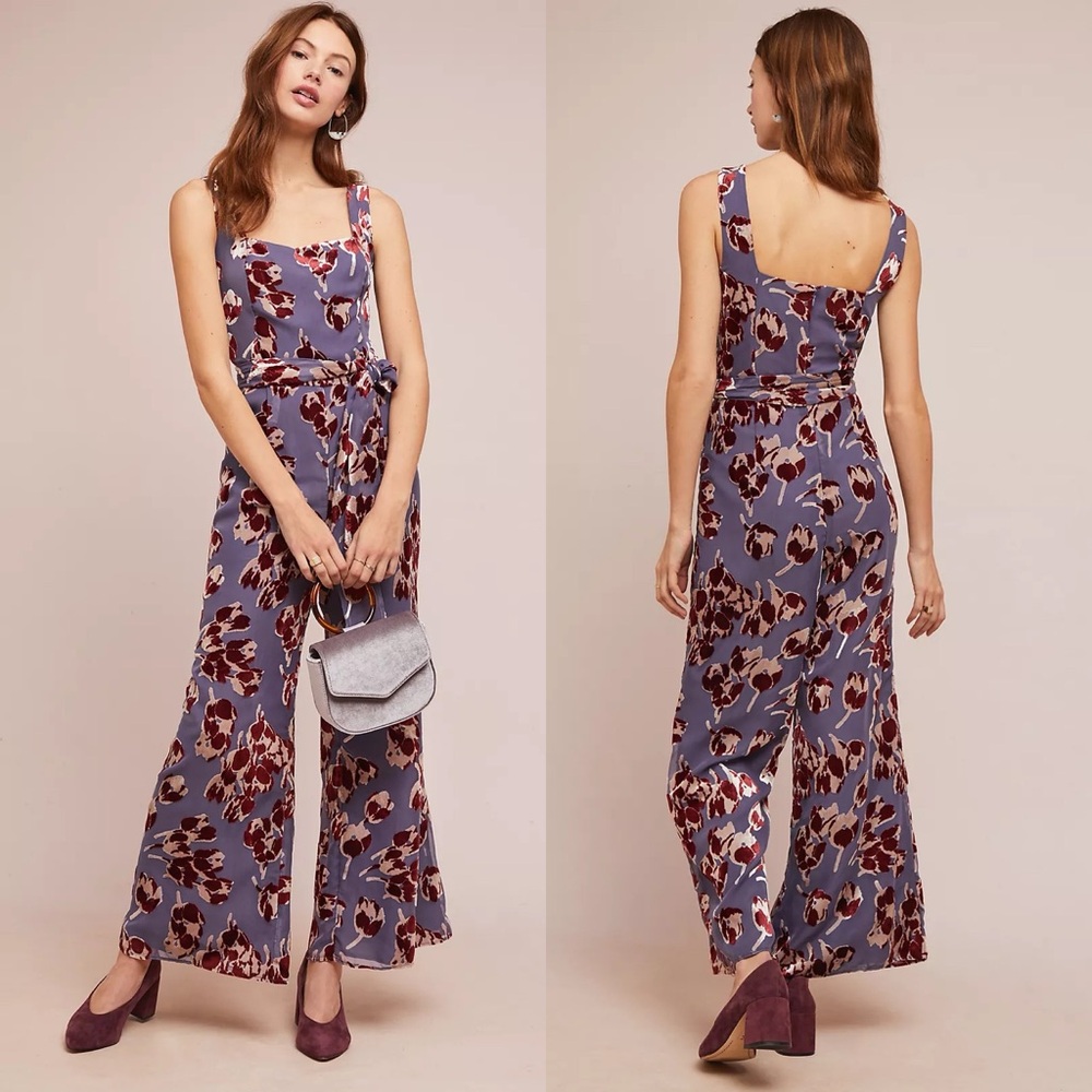 Anthropologie Lavender Floral Jumpsuit with Burgundy & Cream Print